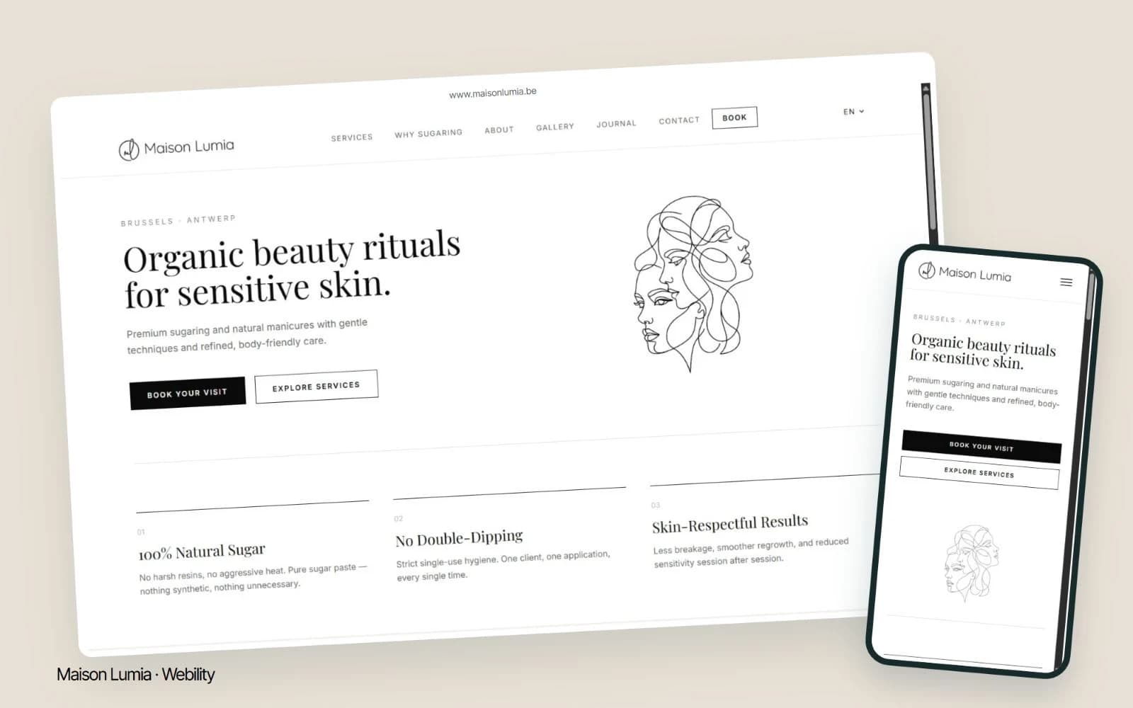 Maison Lumia-website gemaakt door Webility, op desktop en mobiel