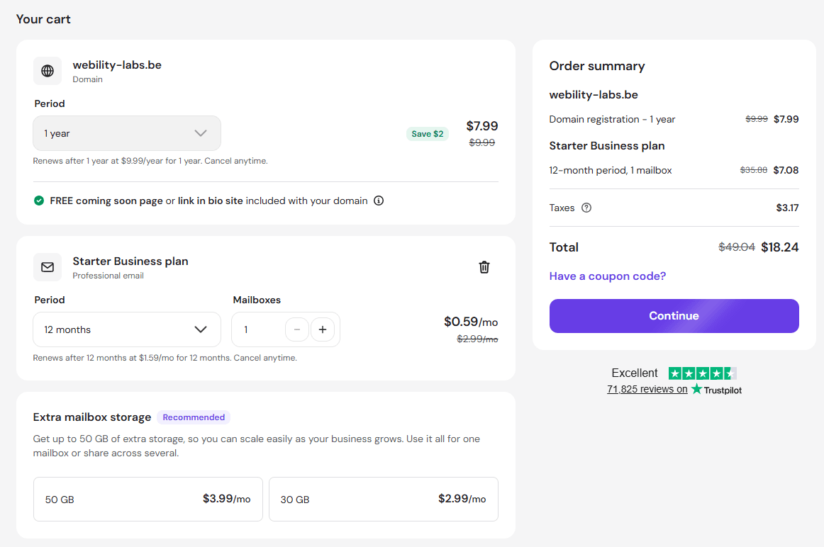 Exemple de panier Hostinger avec un domaine et l’e-mail professionnel Starter Business avec une boîte.