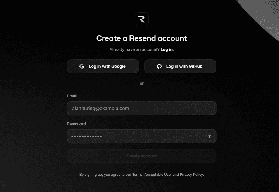 Page d’inscription Resend avec les champs e-mail et mot de passe ainsi que l’option Google à éviter.