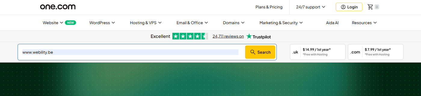 one.com homepage with the domain name search bar