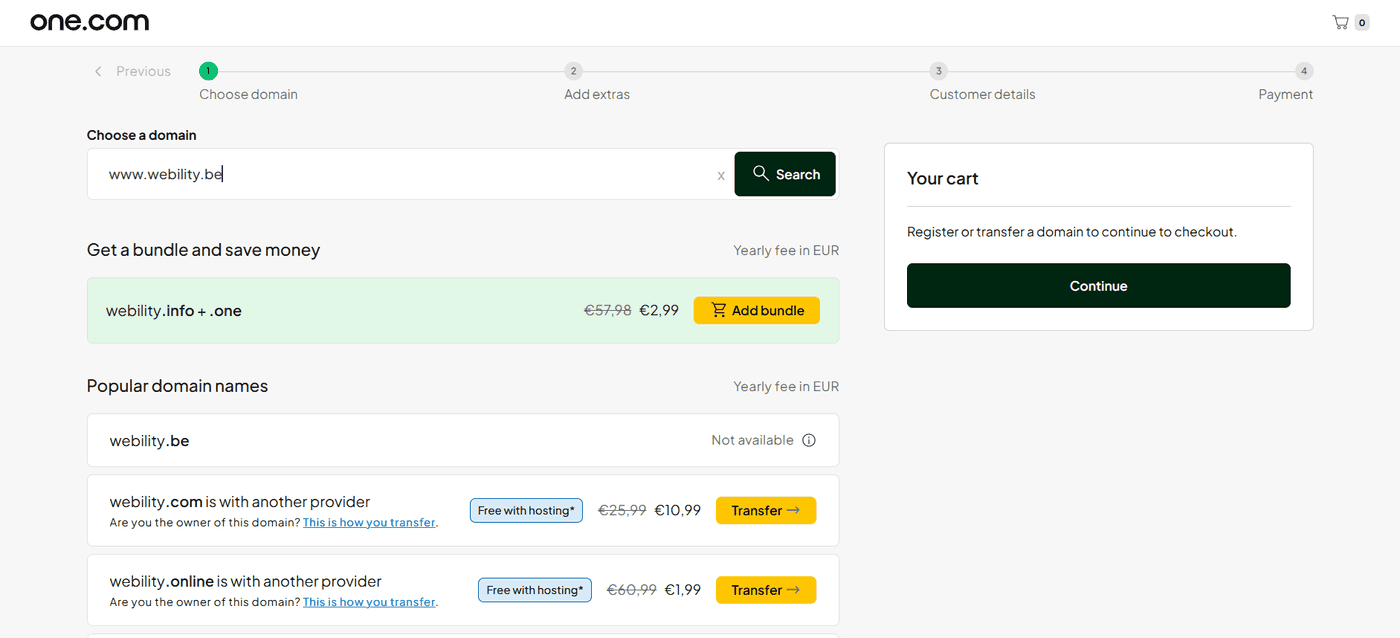 Domain availability results on one.com showing extensions and bundles