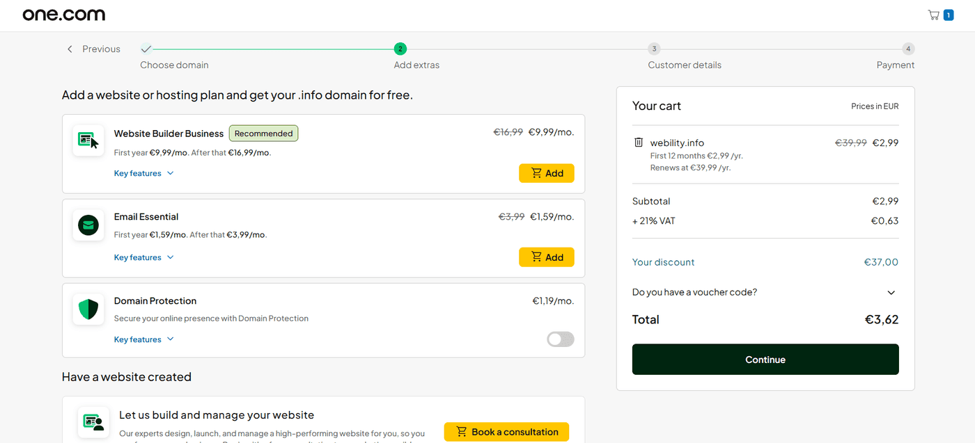 one.com checkout Add extras step with the domain in the cart