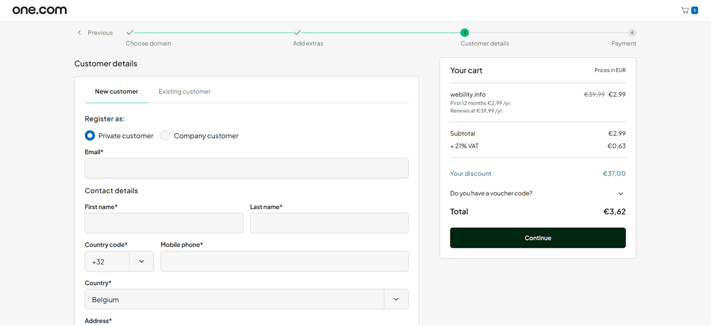 one.com Customer details form during account creation